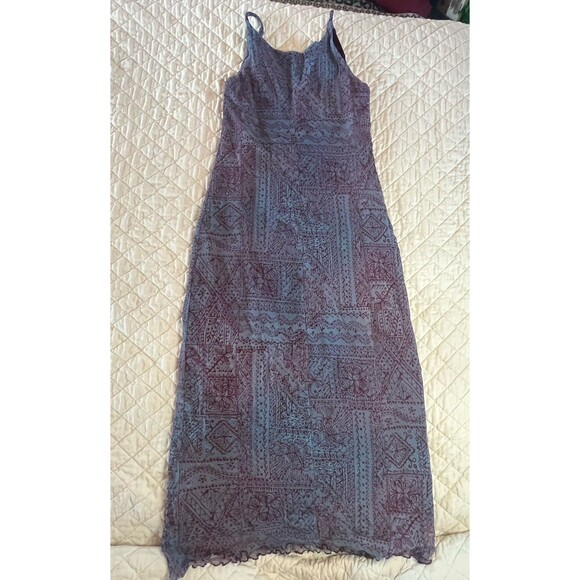 VTG Weston Wear 90s Lettuce Hem Long Bodycon Dress Abstract Purple Women Large - Picture 7 of 9
